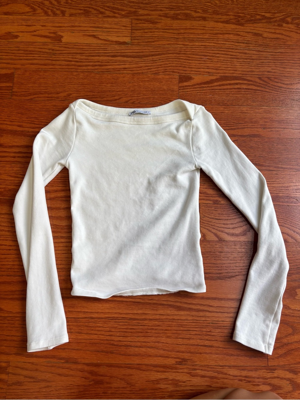 Zara Off-White Ribbed Boatneck Long Sleeve Top